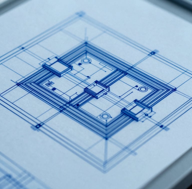 Blueprint-like architectural schematic, abstract data flow, cold blue and white light, sharp lines, sterile background, 35mm