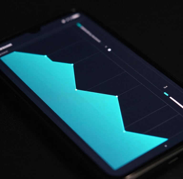 Sleek dark-mode tech photography, high-contrast close-up of an Android screen displaying a minimalist system monitor with glowing neon cyan vector graphs, sharp focus, 35mm