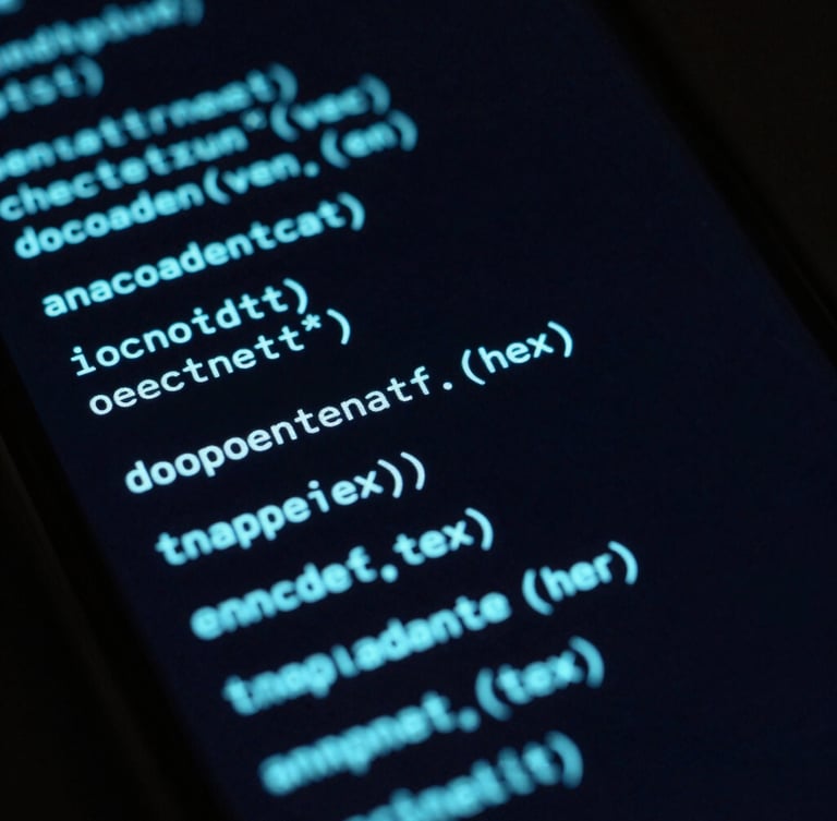 Sleek dark-mode tech photography, macro close-up of a glowing Android smartphone screen displaying clean cyan code schematics, high contrast, sharp focus, 35mm