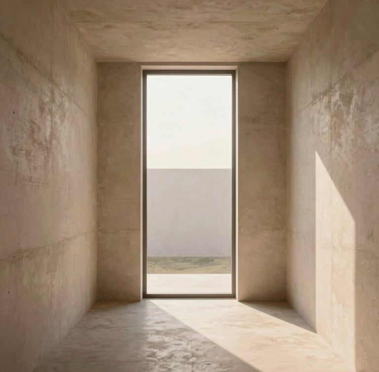 Sun-drenched minimalist concrete villa interior, soft shadows on raw plaster walls, warm morning light diffusing through a high window, 35mm photography