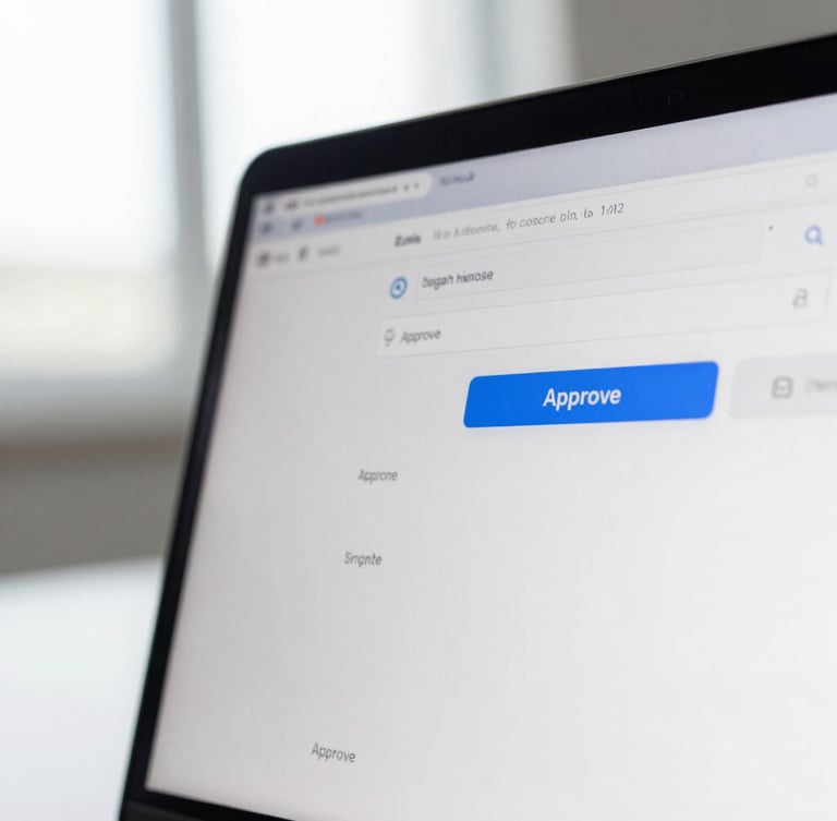 A clean, minimalist macro shot of a laptop screen displaying a structured email thread with a blue Approve button, soft natural office light, high-end tech aesthetic