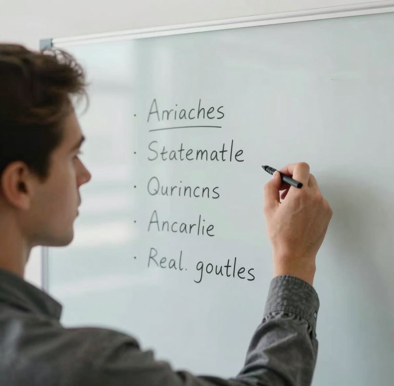 An over-the-shoulder shot of a young professional writing strategic milestones on a clean glass whiteboard, soft daylight illuminating the workspace