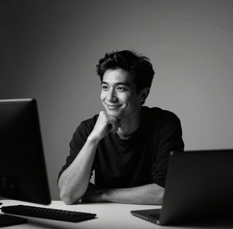 High-contrast black and white photograph, dramatic low-key studio lighting, candid portrait of a focused creative director, non-smiling, slightly off-center, deep in thought at a clean desktop setup.
