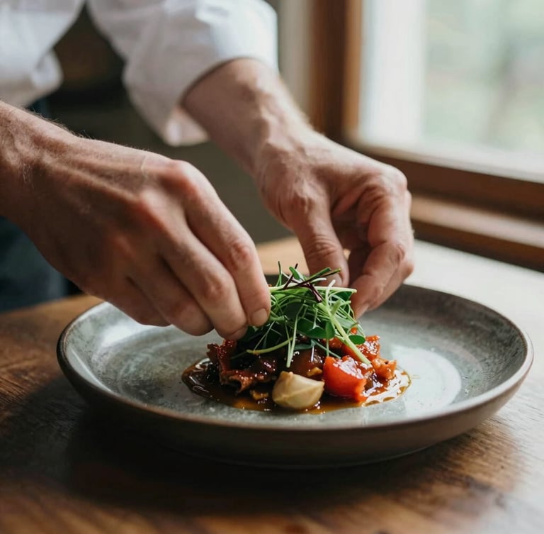 Close-up of a chef's hands carefully plating a rustic dish on a dark ceramic plate near a sunlit window, warm natural light, shallow depth of field, 35mm film style