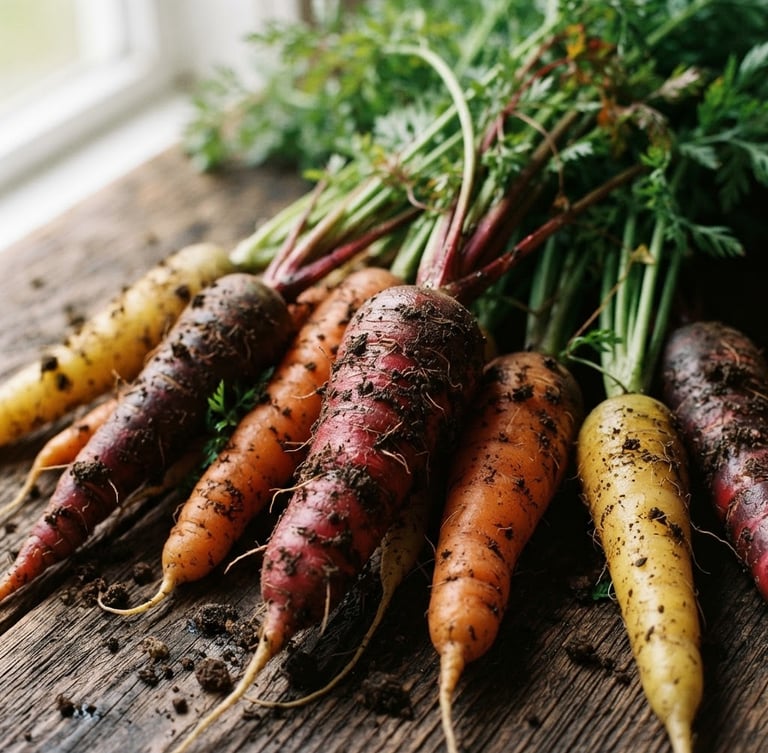Close-up of fresh heirloom carrots with soil still on them, natural window light, rustic wooden table, shallow depth of field, warm editorial photography, rich crimson and forest green tones, 35mm film