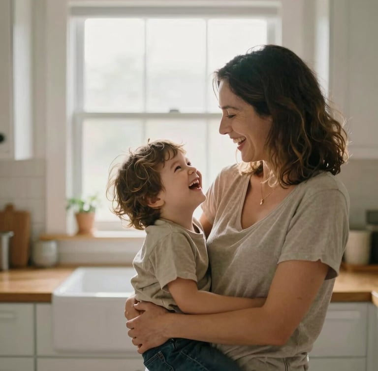 A Columbus mother and her child laughing in a bright, comfortable kitchen, soft morning window light, authentic expressions, 35mm