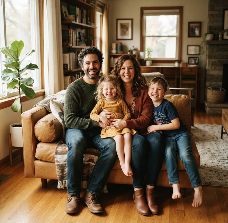 A local Ohio family smiling together in their warm, sunlit living room, soft natural daylight, rich earthy tones, authentic human moments, 35mm
