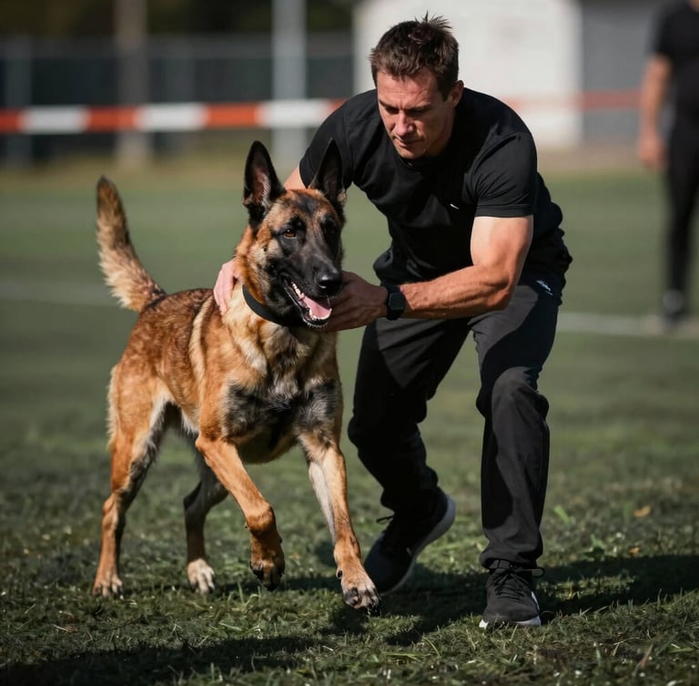 A focused Belgian Malinois maintaining intense eye contact with its trainer during an outdoor obedience session, sharp action photography, dramatic shadows.