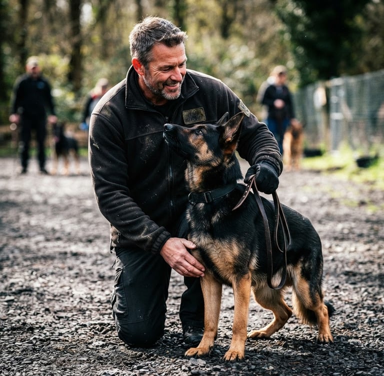 A powerful portrait of trainer Robert Ferguson working hands-on with a focused German Shepherd in a structured heel position, high-contrast natural daylight, dynamic depth of field.