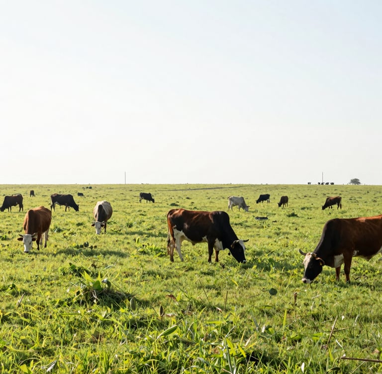 Wide-angle photograph of pristine, lush green Mexican pastures under bright morning light, responsibly raised cattle grazing in the far distance, clean environmental composition.