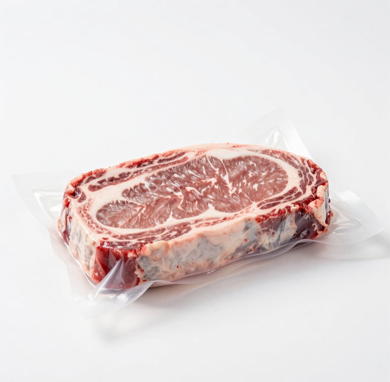 Crisp commercial food photography, bright high-key studio lighting, a vacuum-sealed premium cut of beef on an immaculate sterile white surface, sharp focus, 50mm lens