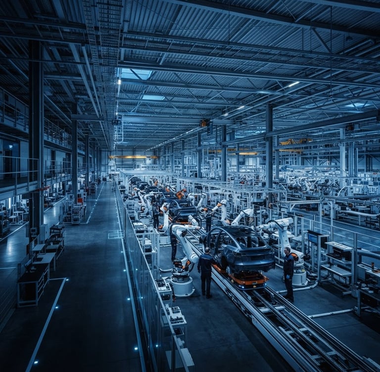 Wide-angle panoramic view of a modern automotive factory interior, clean assembly lines, cool blue lighting, deep charcoal tones, with a subtle technical blueprint overlay, 35mm.