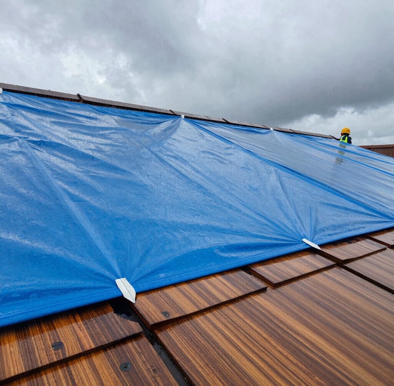 Close-up of industrial waterproof blue tarping being secured tightly over damaged roof shingles during heavy rain, overcast dramatic sky, professional safety gear visible