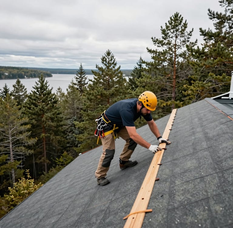 A close-up of a professional roofer in clean gear inspecting a finished roof edge, dense pine forest and a glimpse of a Muskoka lake in the background, overcast natural daylight, crisp editorial style