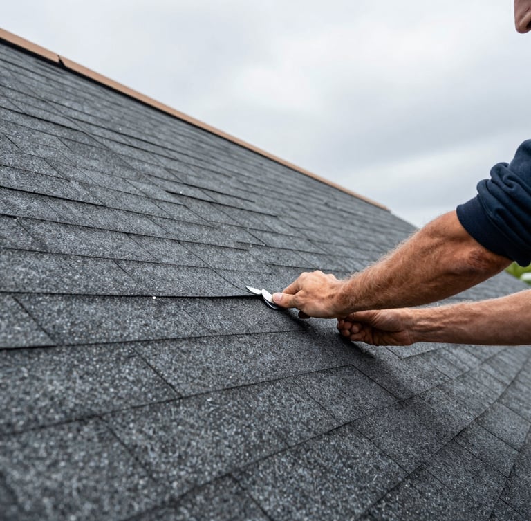 Close-up of a professional roofer carefully installing flashing on a clean shingle roof, natural overcast light, focus on precise craftsmanship