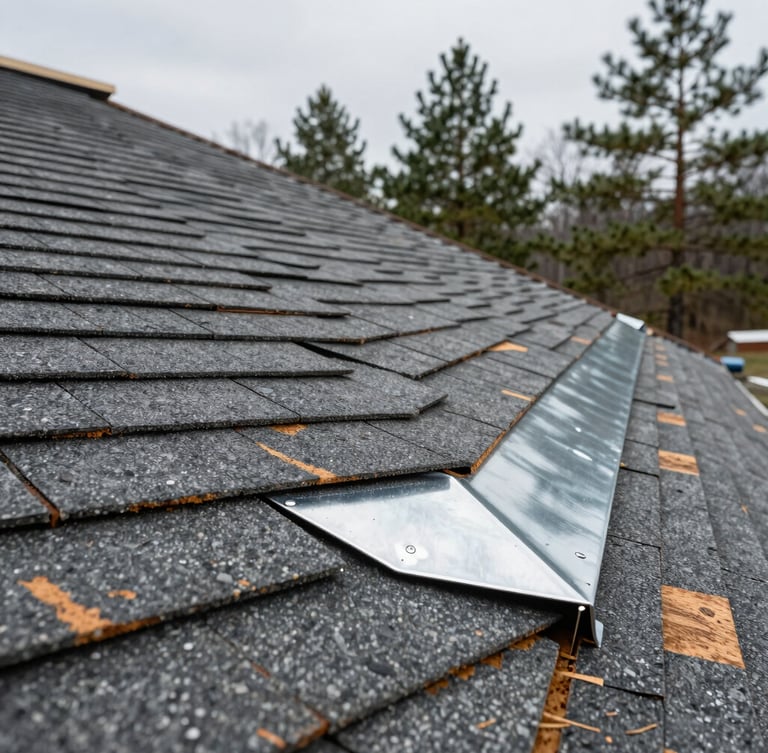 Close-up of clean, heavy-duty architectural shingle installation with flawless metal flashing details, crisp overcast Muskoka daylight, pine trees in soft focus background