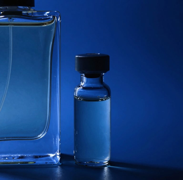 Extreme macro shot of a sleek glass decant vial next to a luxury perfume bottle, sharp liquid refraction under dramatic royal blue studio lighting, deep shadows.