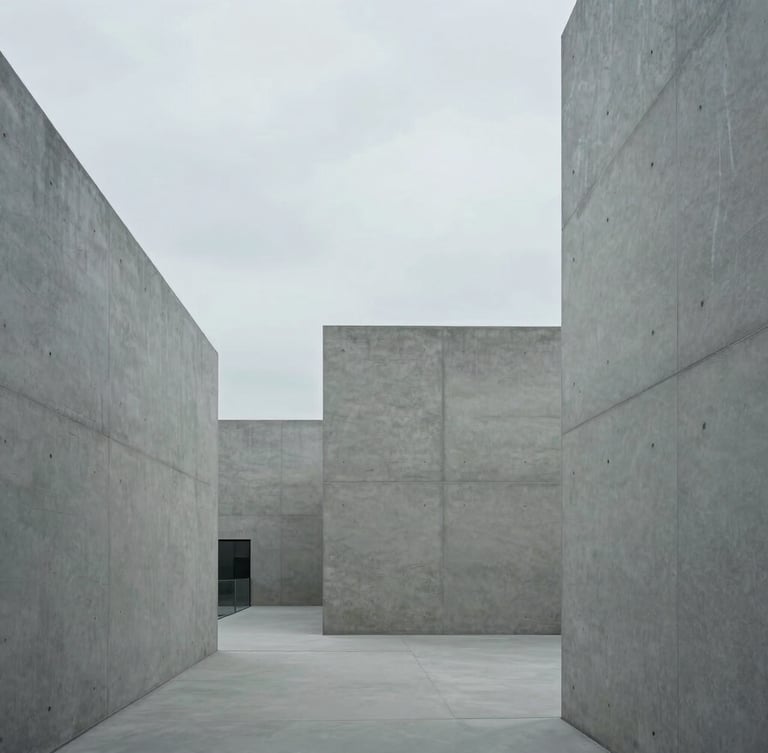 Minimalist architectural lines of a modern concrete research facility, cool diffused overcast daylight, desaturated slate tones, 35mm