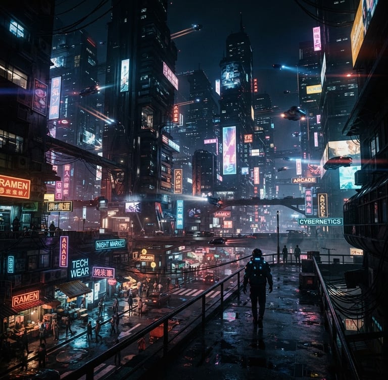 Wide anamorphic shot of a futuristic cityscape at night with neon signs, dramatic chiaroscuro lighting, rich moody tones, cinematic film still, high-contrast concept art