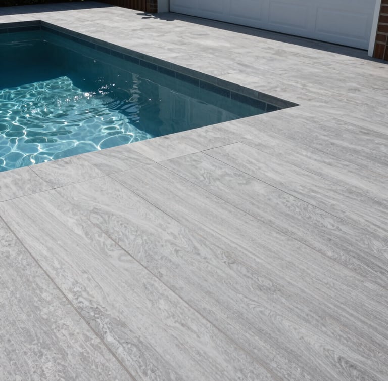 A low-angle shot of a luxury backyard pool deck finished in a modern slate-gray textured coating, bright afternoon sunlight reflecting off the water, clean lines, high-contrast cool tones.