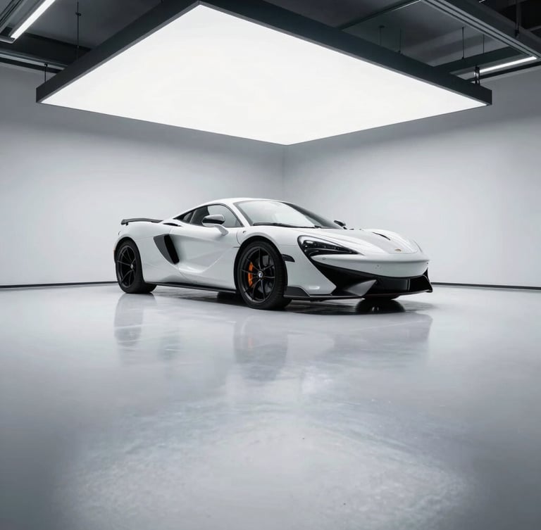 Low-angle wide shot of a pristine finished double-car garage floor with a luxury sports car parked, bright overhead lighting, high-contrast cool tones, sharp focus