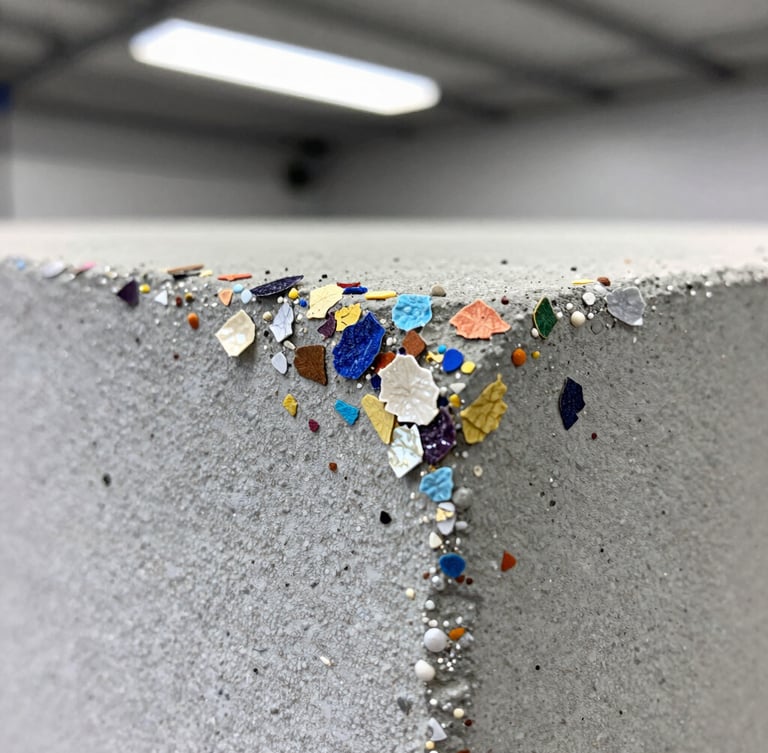 Macro close-up of multi-colored decorative flakes embedded in a high-gloss concrete coating, sharp focus, 35mm lens, bright overhead garage lighting