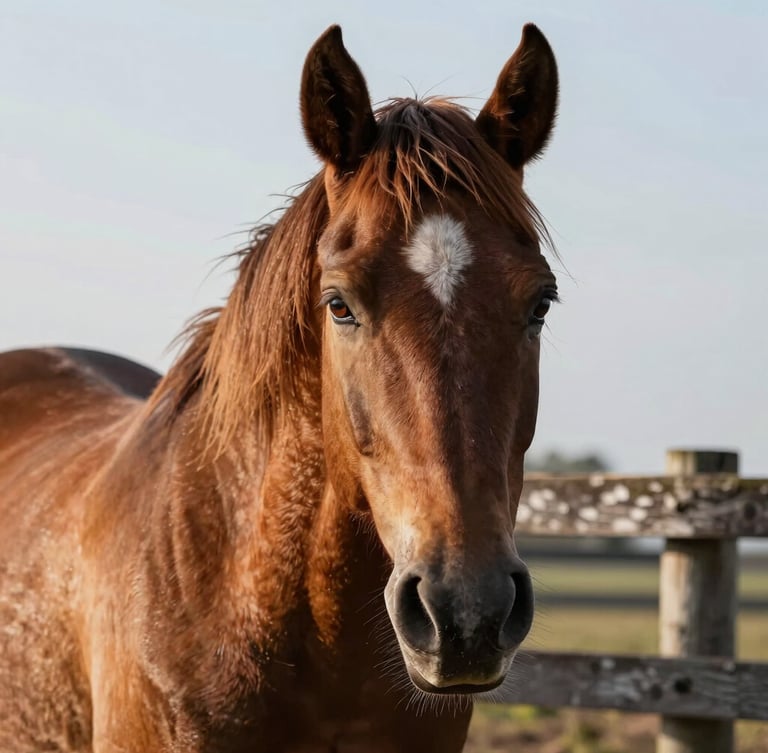 A close-up portrait of a calm, gentle horse looking directly at the camera, soft sunlight highlighting its textured brown mane and warm eyes, weathered wooden fence in background