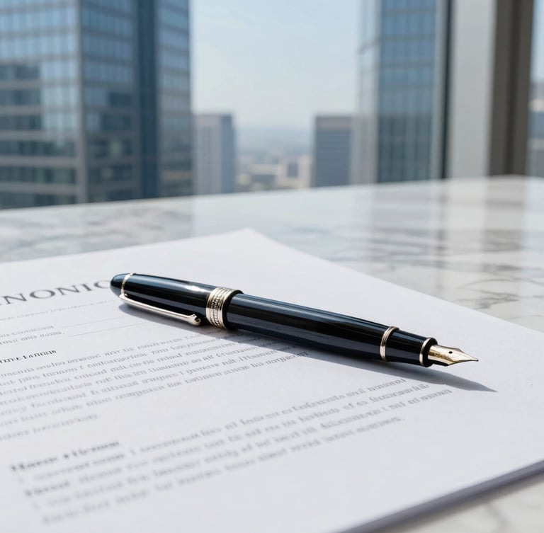 Close-up of a high-end fountain pen resting on a detailed corporate contract, elegant marble desk, soft natural light from a high window