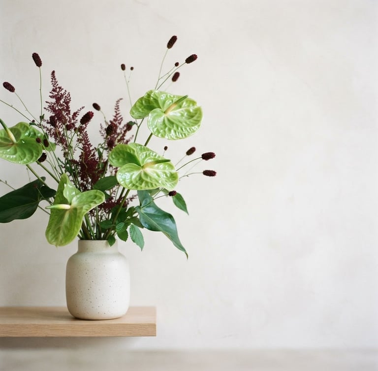 Portrait-oriented close-up of a sculptural arrangement featuring green anthurium and burgundy sanguisorba, set against a soft neutral backdrop, bright diffused natural daylight, generous negative space to the right, sharp focus.