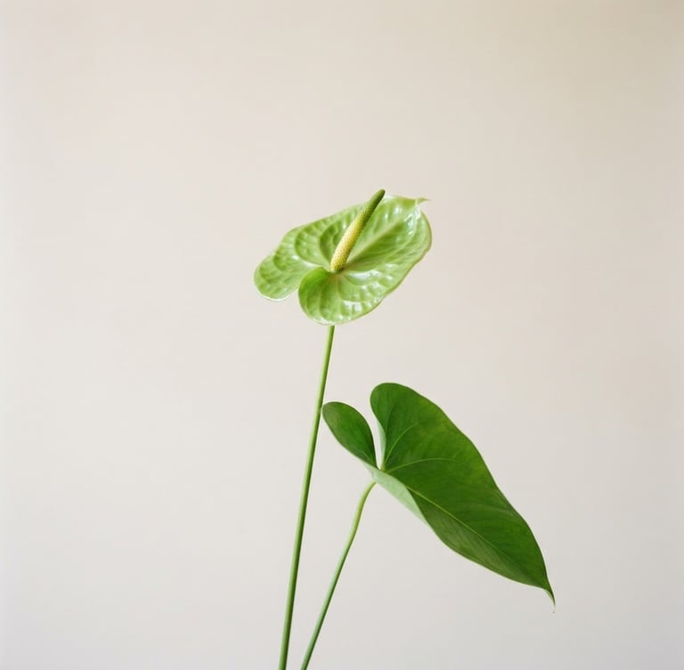 Bright editorial photography of a single green anthurium stem, sharply focused, with generous white negative space, against a clean neutral backdrop, natural diffused daylight, 35mm.