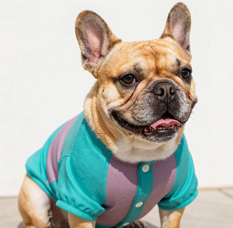 Vibrant close-up of a happy French bulldog wearing a custom-tailored colorful teal and mauve shirt, sitting comfortably in bright natural daylight, eye-level shot