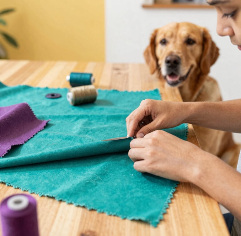 Warm natural daylight photo of a family craft workshop in Celaya, hands carefully cutting vibrant teal and mauve fabrics on a wooden table, with sewing tools nearby, shallow depth of field.