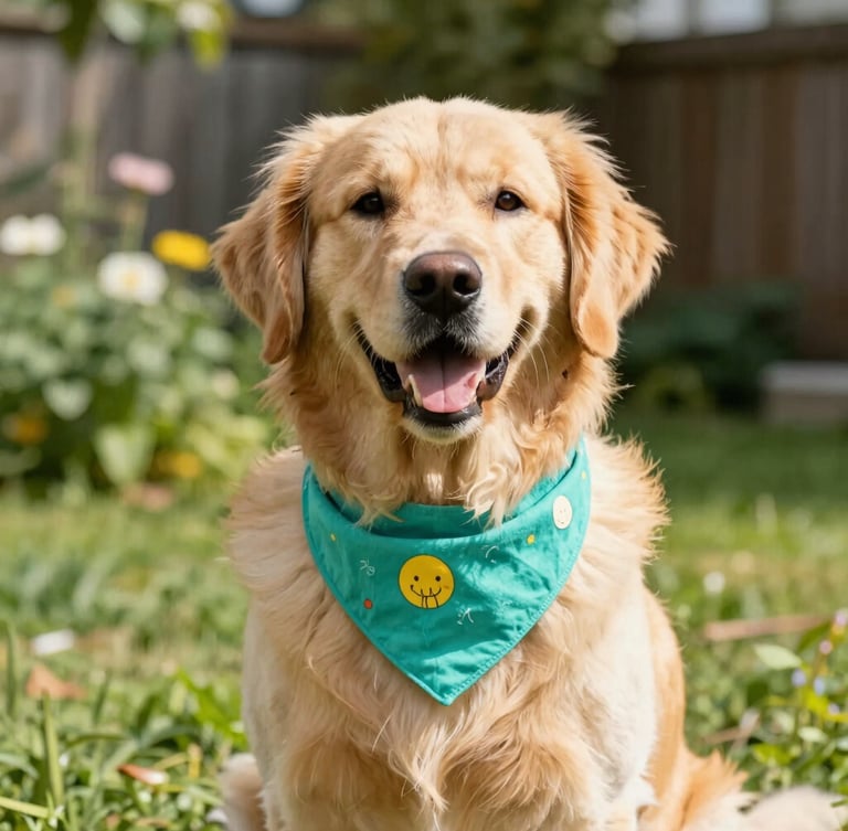 Bright natural daylight photo of a happy golden retriever wearing a colorful handmade teal bandana, sitting outdoors in a sunny garden, eye-level portrait, shallow depth of field.