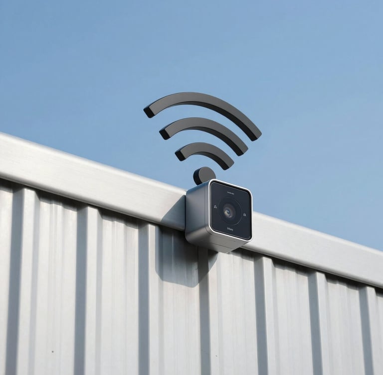A detailed technical diagram showing WiFi signals passing through a cross-section of a metal-clad wall, highlighting signal penetration, crisp outdoor photography, bright natural daylight, sharp focus, 35mm