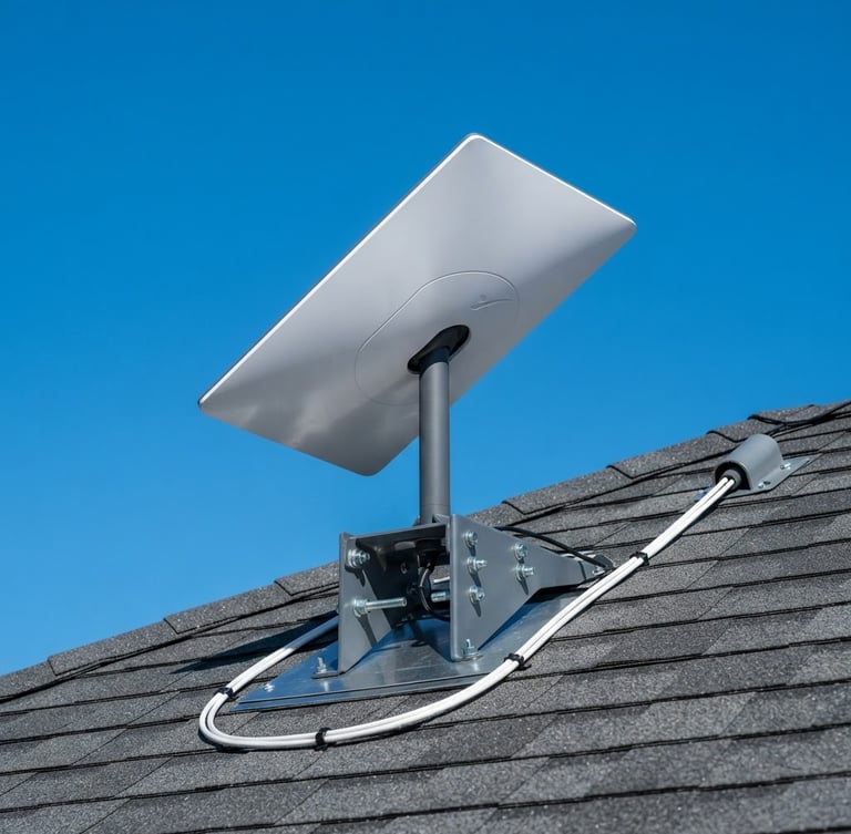 Close-up of a Starlink Gen 4 dish mounted securely on a residential roof, with a clear blue sky background, highlighting professional installation.