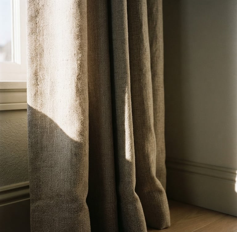 Close-up detail of triple-layer insulated curtain fabric catching low-angle natural morning sun, casting long deep shadows across a quiet neutral room corner, 35mm