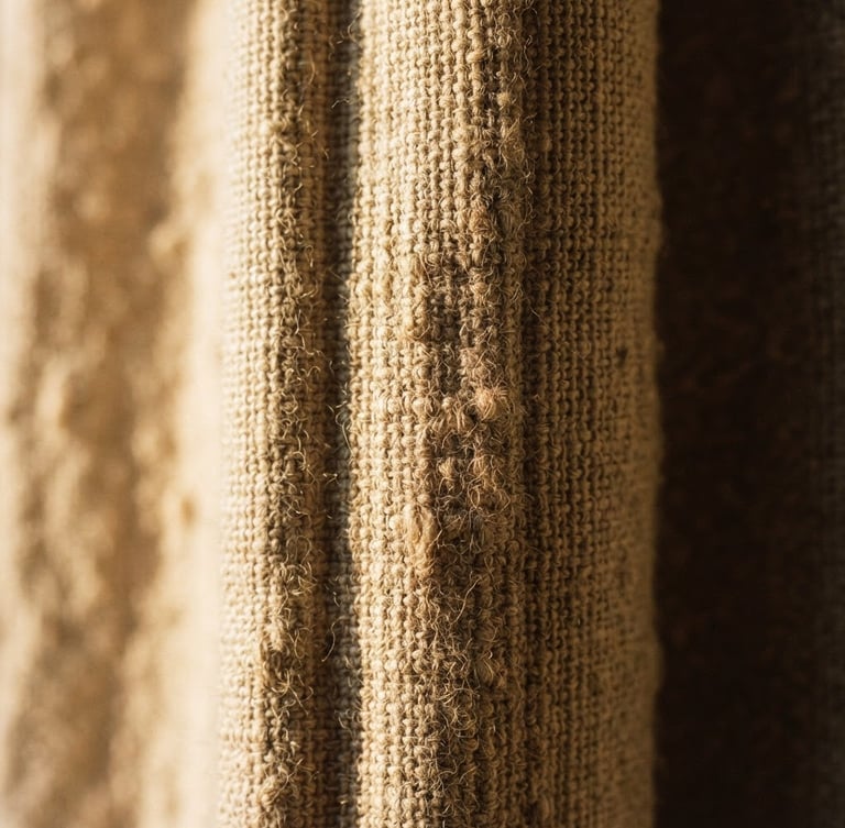 Tight macro crop of heavy oatmeal linen drape catching low-angle morning sun, deep shadows, warm editorial photography, 35mm