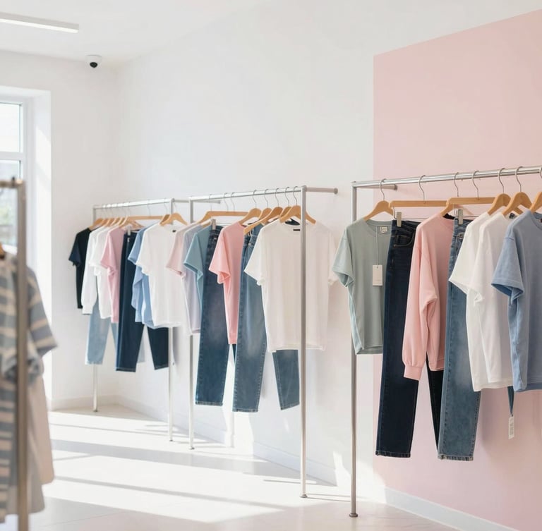 Bright high-key lifestyle photography of a clean, modern clothing store interior with soft natural light, minimalist clothing racks, and pastel backdrops, 35mm lens