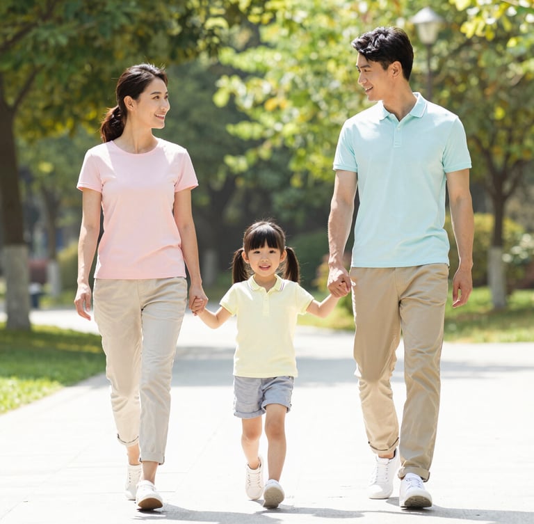 Bright high-key lifestyle photography of a smiling mother, father, and young daughter in coordinated pastel casual wear walking together in a sunlit park, natural daylight, crisp focus, 35mm lens