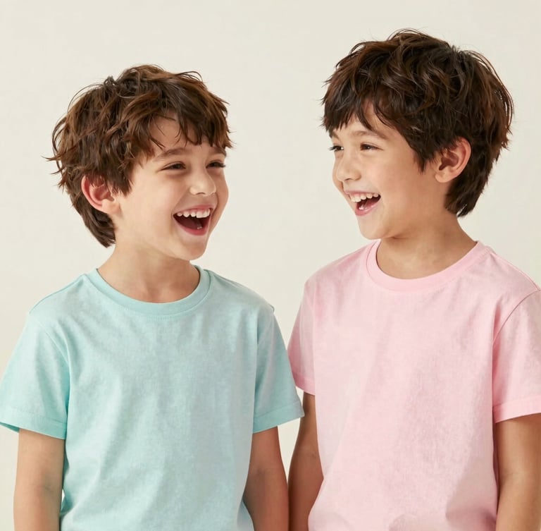 Bright soft studio portrait of two young siblings laughing, wearing clean cotton t-shirts in pastel colors, off-white backdrop, natural daylight, 35mm lens