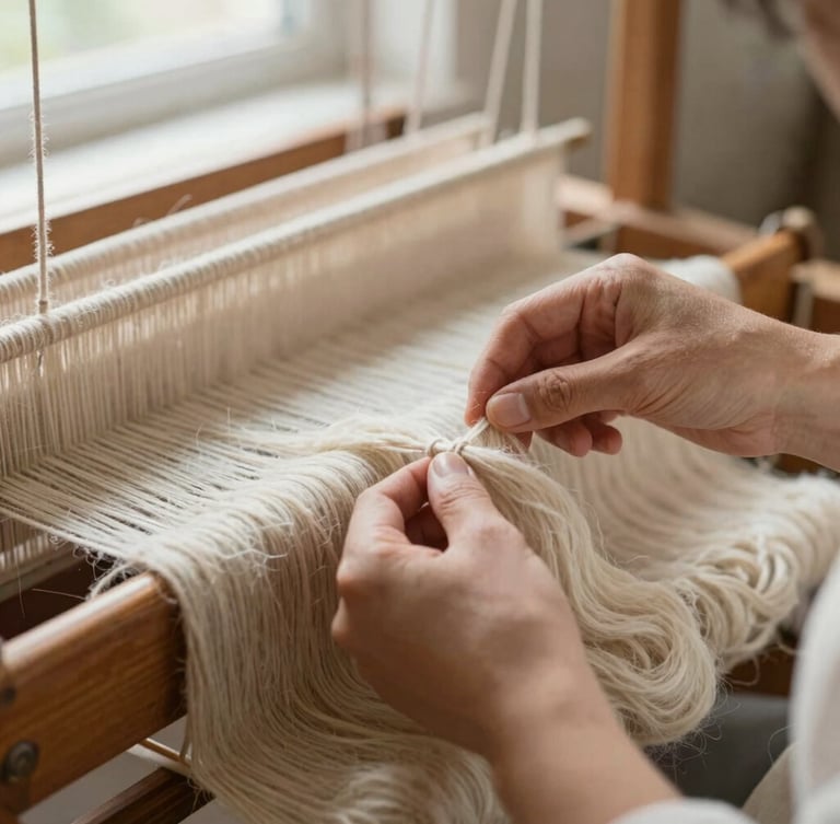 Close-up of skilled artisan's hands preparing hand-spun highland wool on a traditional wooden loom, soft natural window light emphasizing fiber texture and knotting, cream and sand tones, shallow depth of field, 35mm