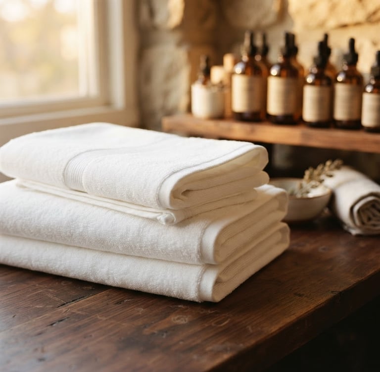 Close-up of pristine folded white towels on a dark wooden surface, with premium massage oils in amber glass bottles subtly blurred in the background, warm diffused golden hour light.