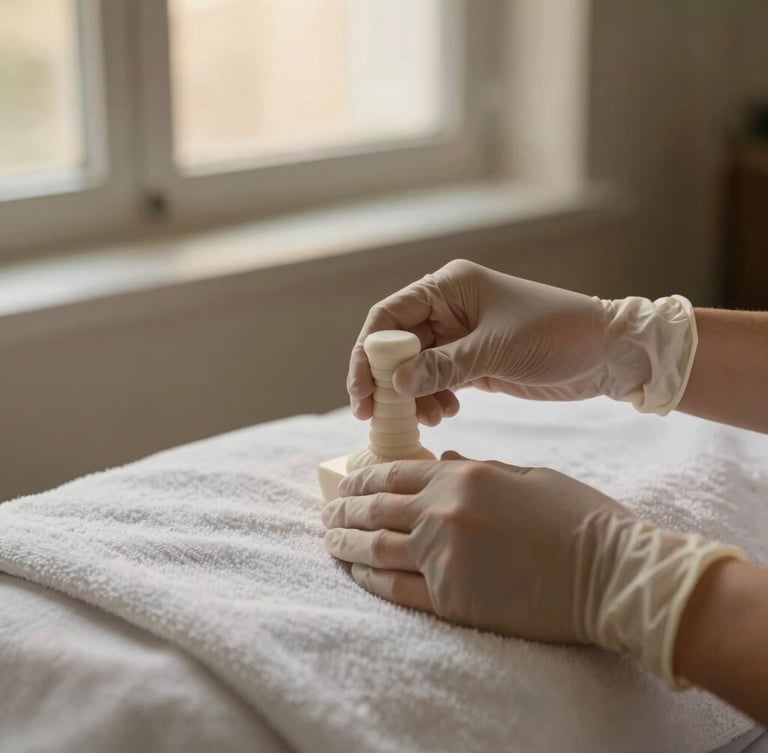 Close-up portrait shot of professional female hands wearing sterile gloves, carefully arranging pristine massage tools on a clean white towel, soft diffused window light, muted olive and beige tones, shallow depth of field.