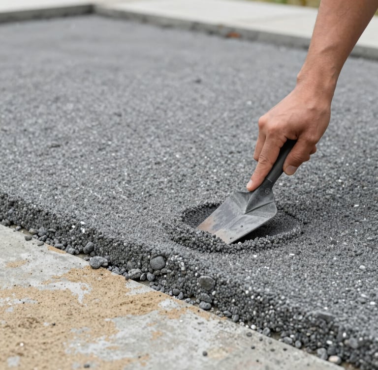 Close-up of hand troweling a stone carpet mixture onto a prepared concrete base, precise local craftsmanship, natural mineral basalt gray, 35mm