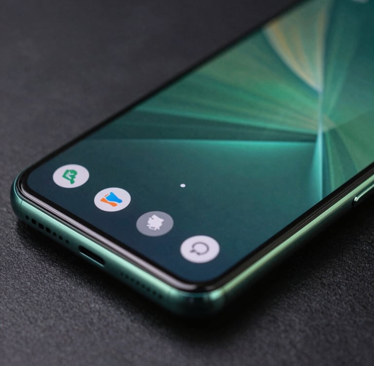 Extreme macro shot of a sleek flagship Android smartphone screen displaying a fluid, high-refresh-rate UI transition, subtle green edge-glow reflecting off the curved glass, dark studio setting.