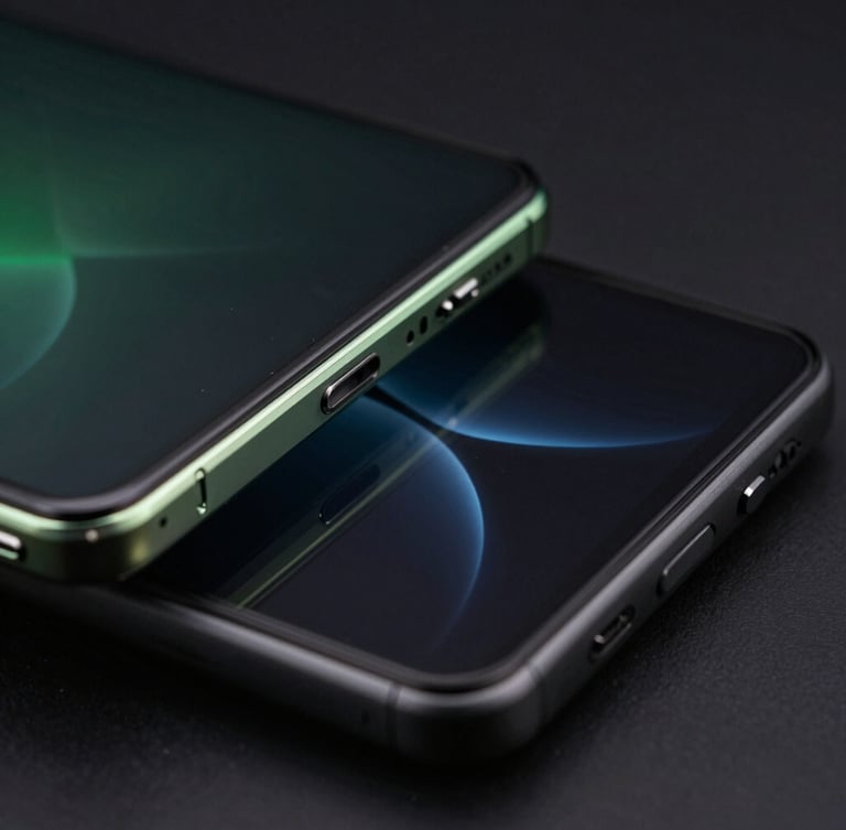 Extreme close-up macro shot of a sleek physical Android flagship device frame, low-key high-contrast studio lighting, subtle green edge-glow reflecting off the dark glass screen, showing a glimpse of a fluid UI transition, dark tech aesthetic.