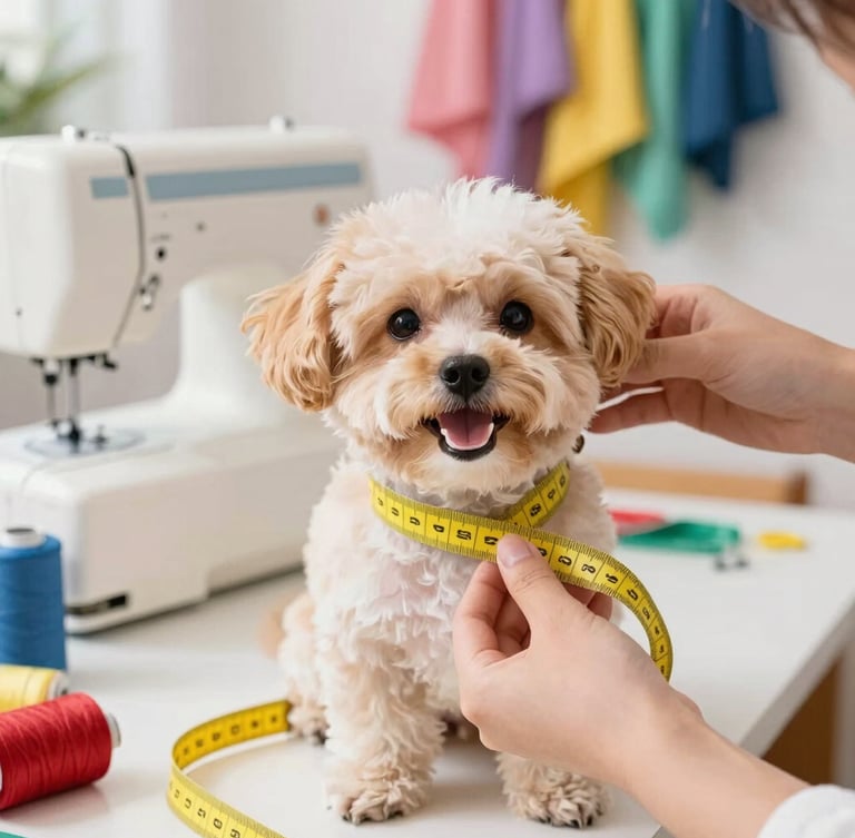 Close-up of artisan hands gently measuring a small happy dog with a yellow tape measure in a bright, colorful sewing workshop, soft natural light, 50mm