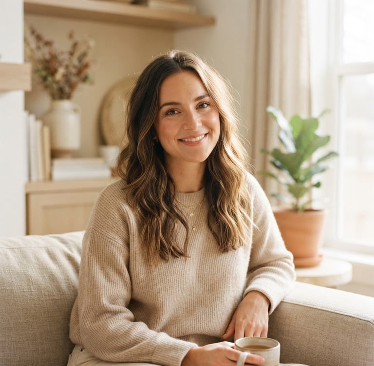 Warm editorial portrait of Laura, smiling gently, in a sunlit, clean home interior. Soft beige and sage green tones, shallow depth of field.