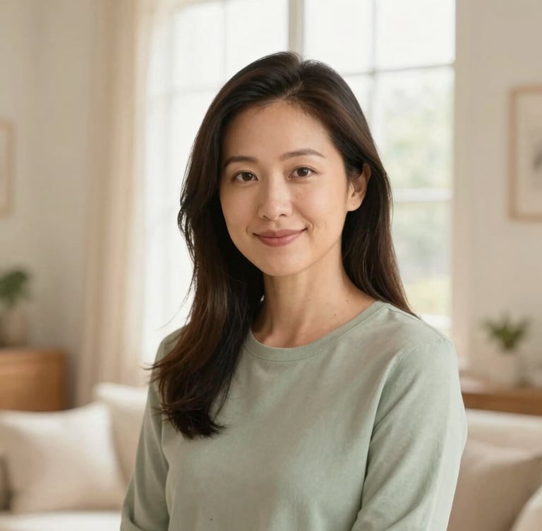Warm editorial portrait of Melissa, looking warm and approachable, in a sunlit, clean home interior. Soft beige and sage green tones, shallow depth of field.