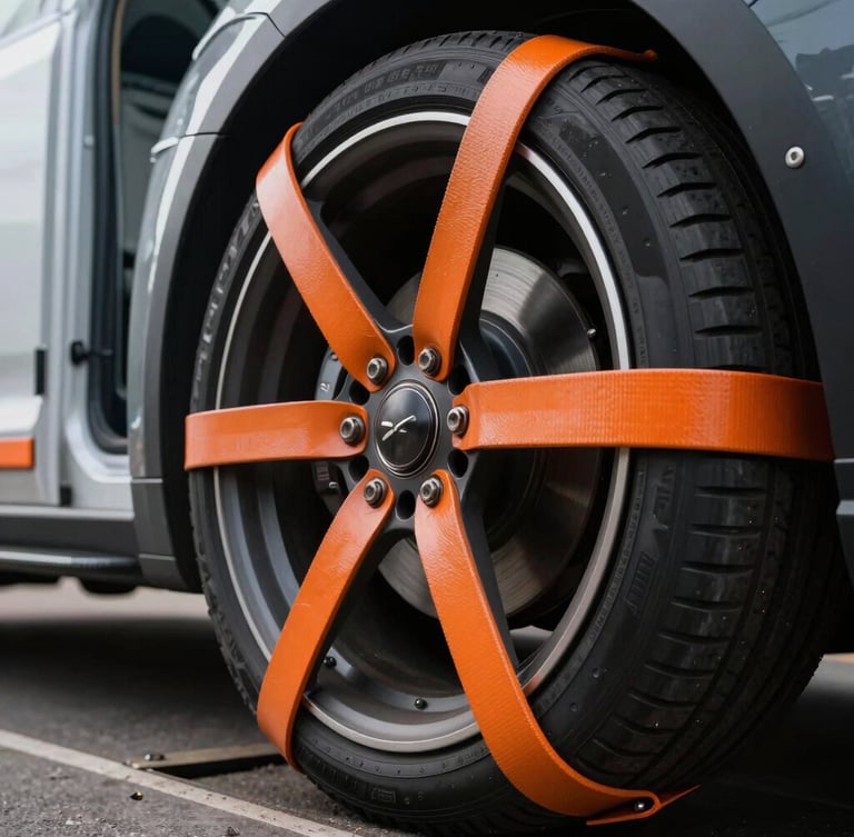 Close-up of heavy-duty orange wheel straps and secure tie-downs on a luxury car wheel inside an enclosed transporter, industrial premium lighting